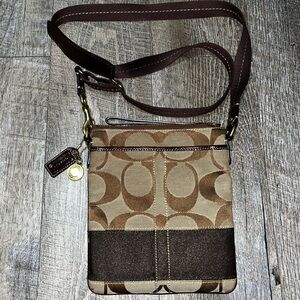 Small Brown Coach‎ Leather Canvas Logo Bag Cross Body Messenger Purse
